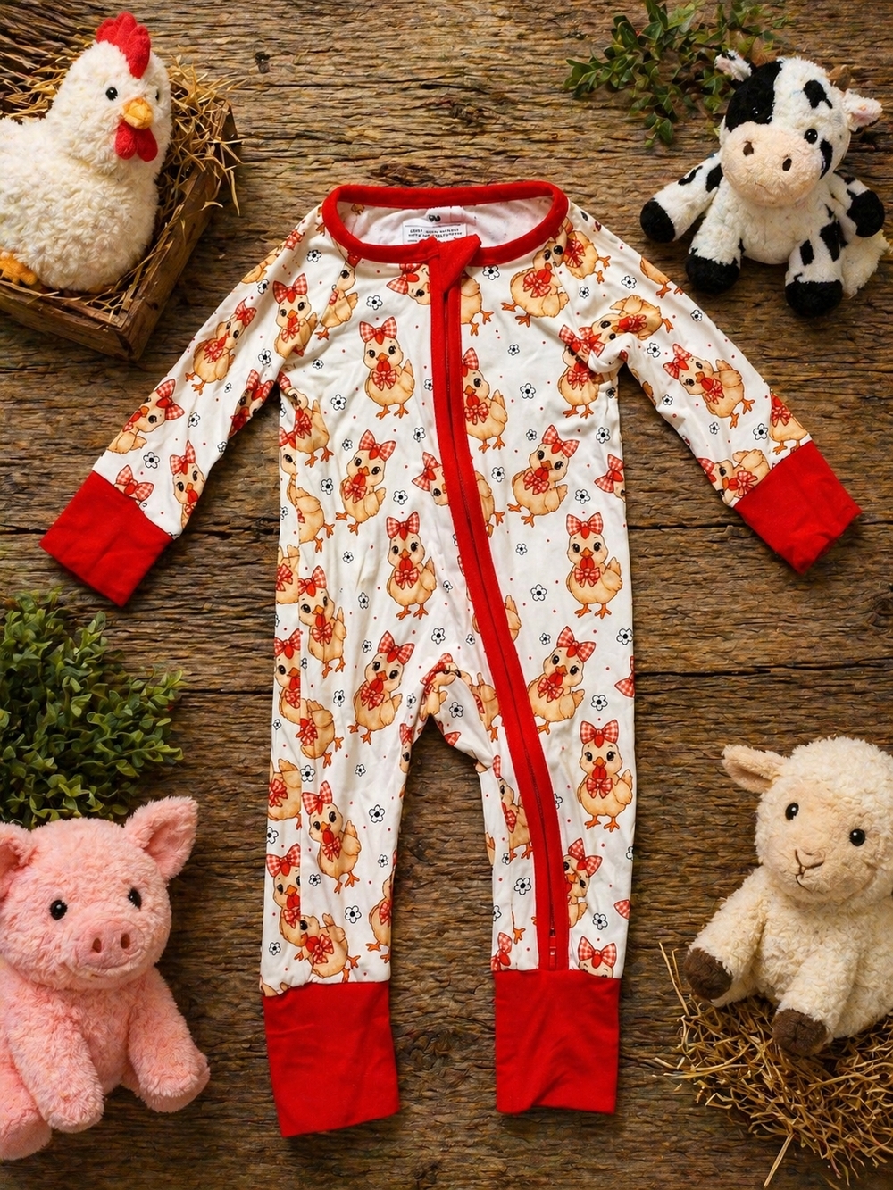 NWOT One-Piece Red Trim Chicken Print Zippered Bamboo Pajamas